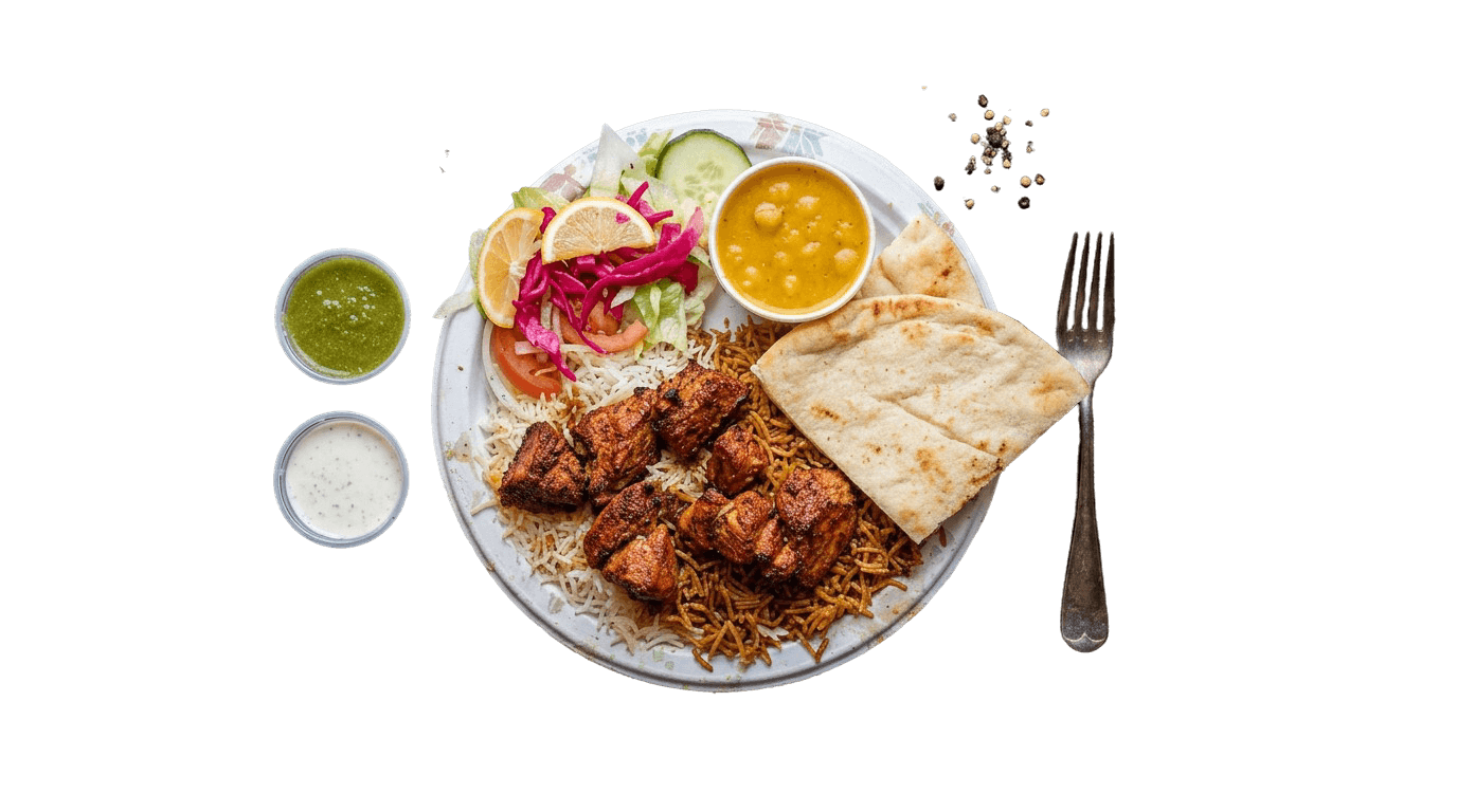 Kabob platters — grilled skewers, rice, and sides