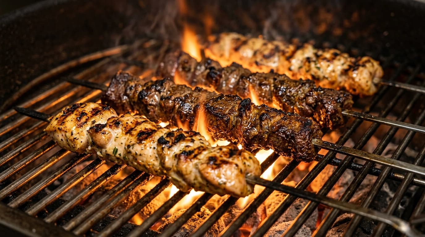 Kabob skewers grilling over open flame